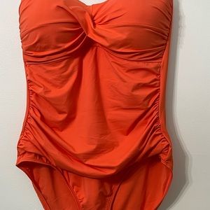 Anne Cole twist-front shirred one piece. Orange; size 16. NWT